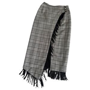 Dylan Lex Wrap Midi Skirt Black Plaid Fringe Trim Preppy Asymmetric Size Small